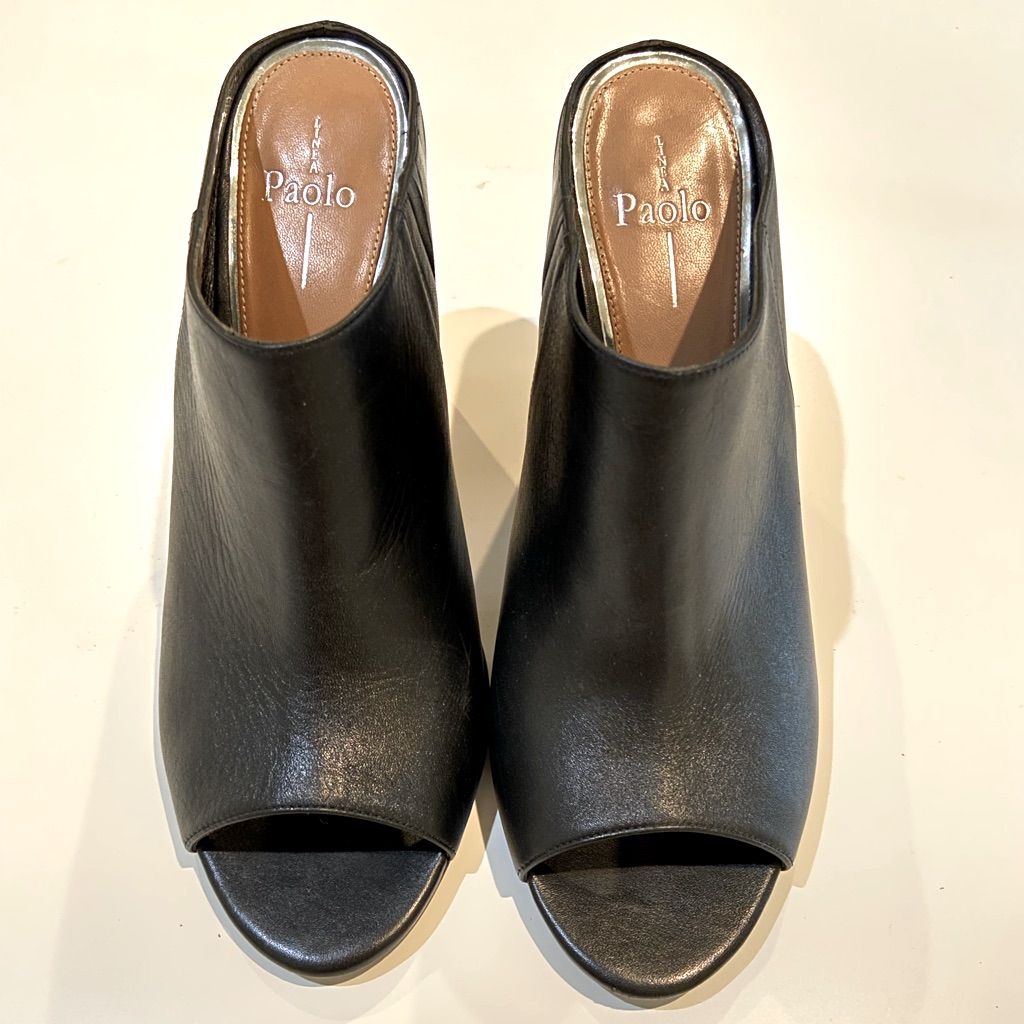 Linea Paolo Black Leather Mules Wood Heel Peep Toe